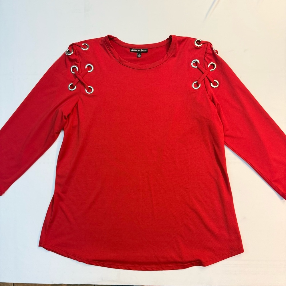 Alison‎ Andrews Red Top Large Grommet Lace-Up Shoulder Long Sleeve Blouse